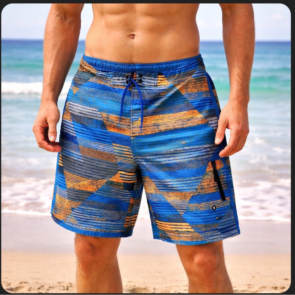 Nike Blue & Orange Men's sz Small Swim Trunks Board Shorts Zip Pocket Drawstring